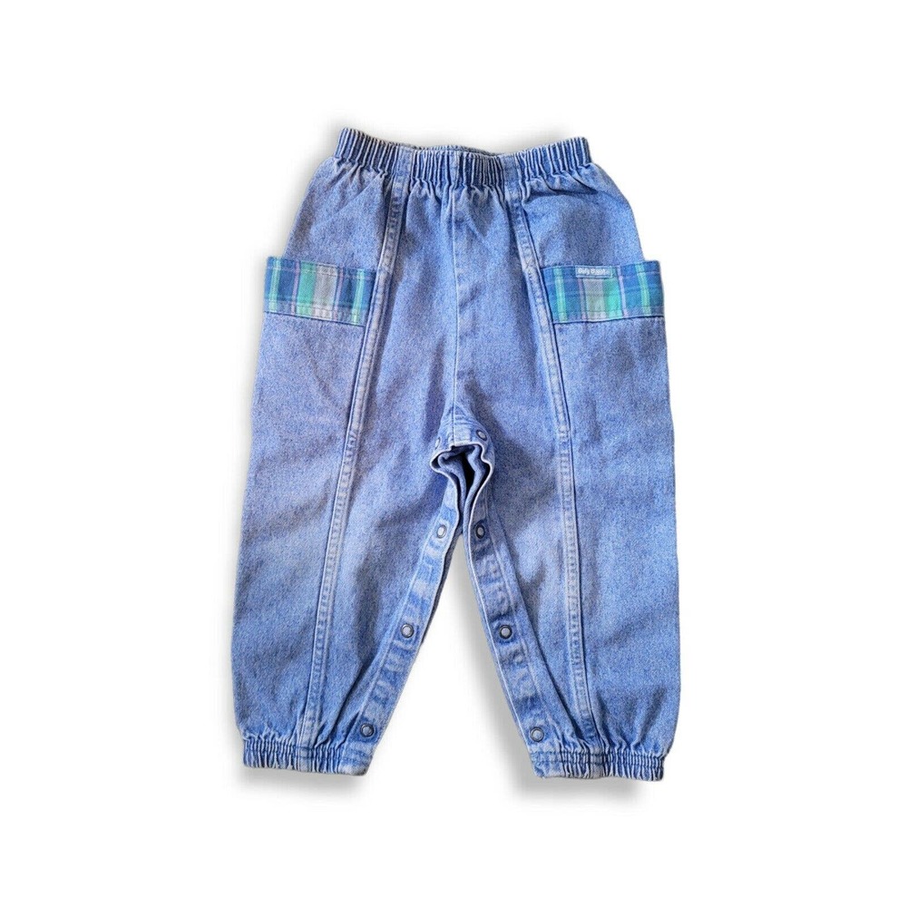 Vintage Oshkosh B’gosh Denim Jeans Bubble Snap Plaid Baby Toddler Size 24 Month